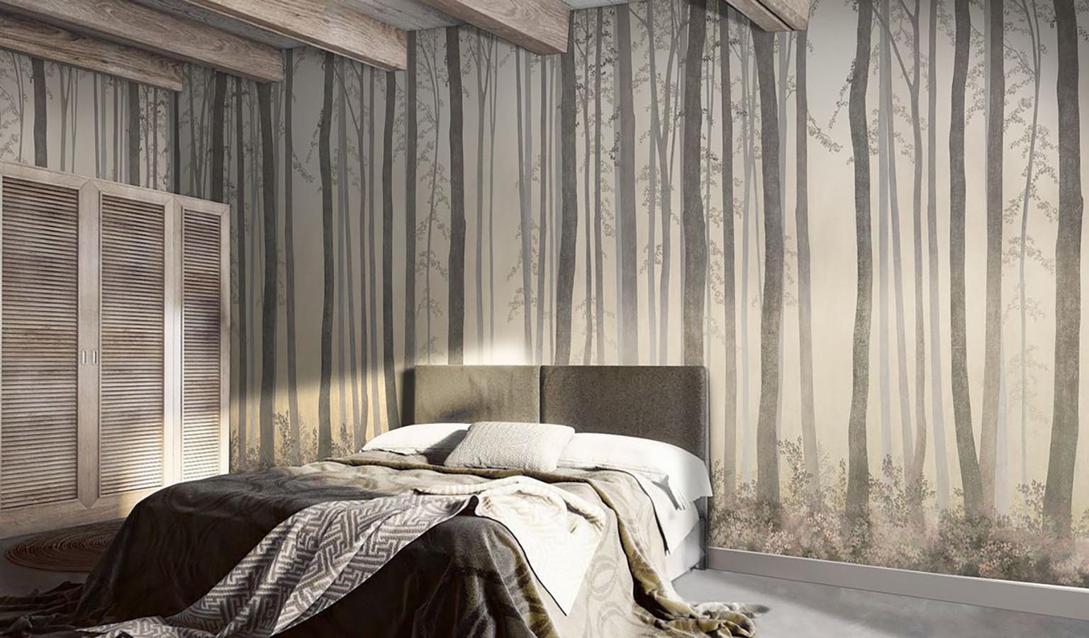 обои с лесом в интерьере спальни